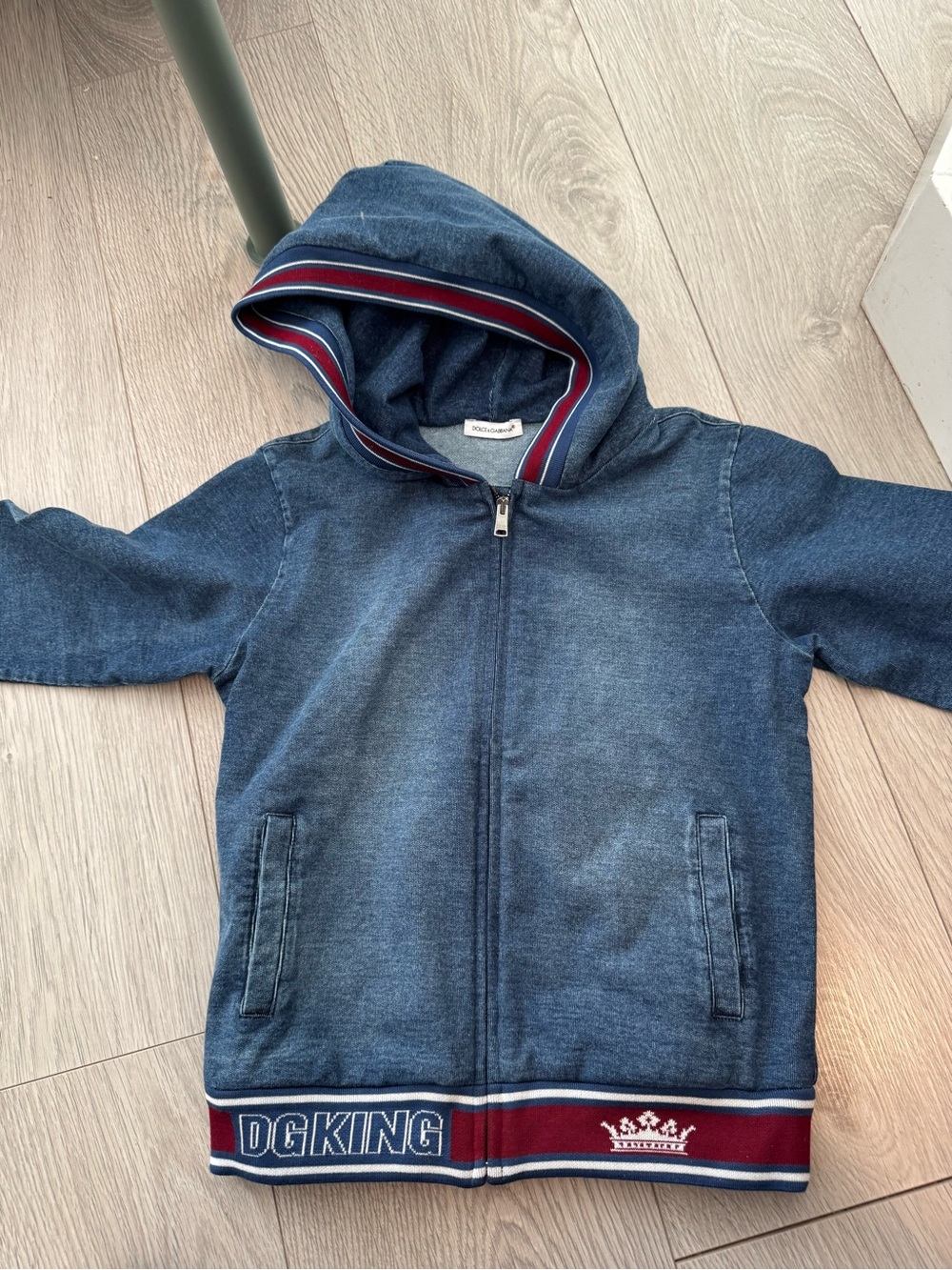 Dolce & Gabbana Boys' Denim-Look Hooded Zip Jacket with Red Trim
